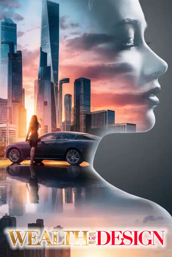 double exposure image of a woman standing by a luxury car with skyscrapers in the background, representing financial wealth.